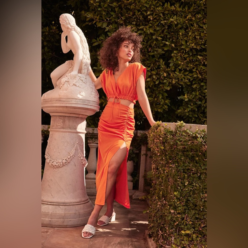 Lulu’s Play Tourist Orange Two-Piece Short Sleeve Midi Dress